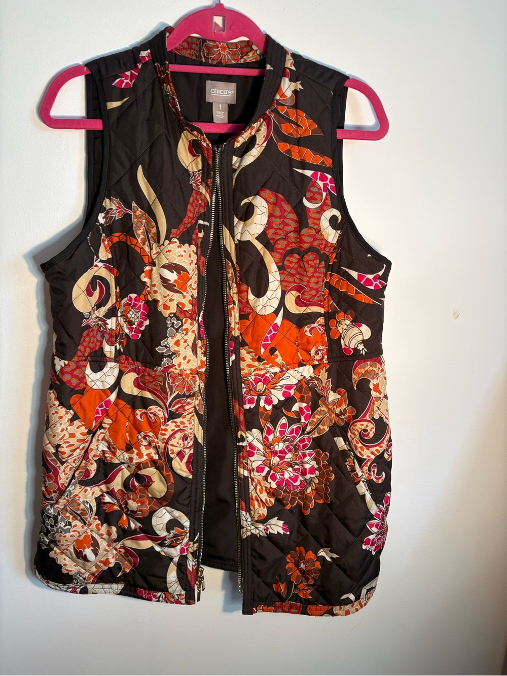 Chico’s Quilted Floral Paisley Zip Vest Brown Orange Pink Size 1
